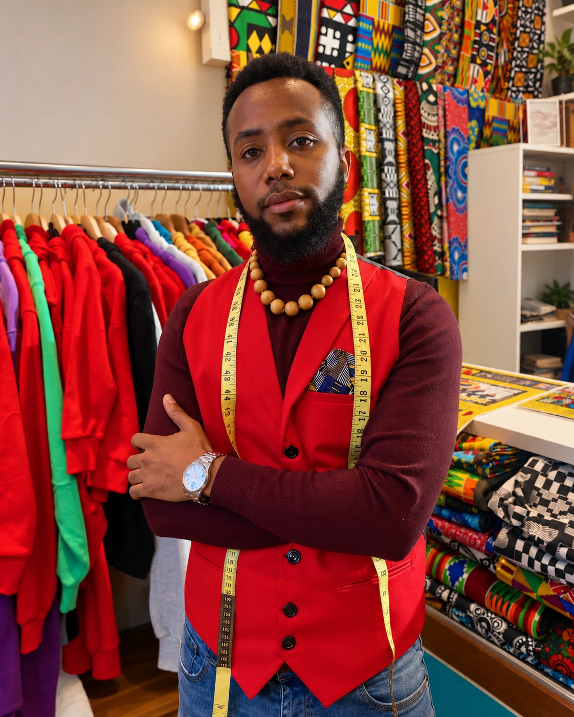 A tailor wearing a red waistcoat and a measuring tape, standing in a workshop lined with colourful printed fabric.