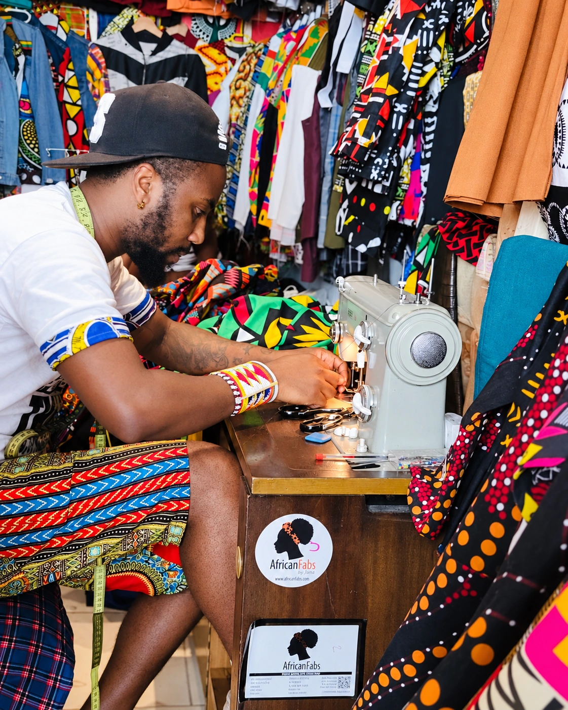 Hands guiding patterned fabric through a sewing machine, with the finished garment beside it.